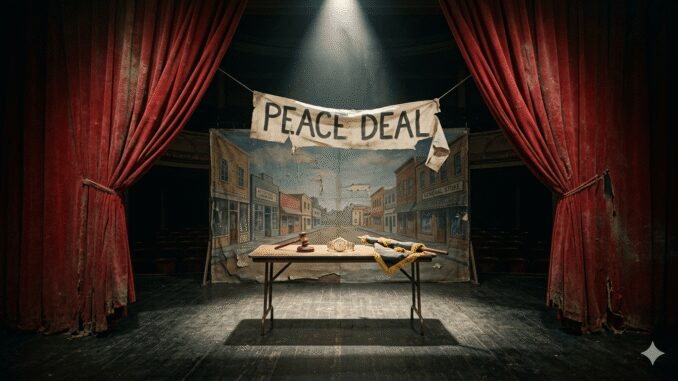 Stage with "Peace Deal" banner and gavel Stage with "Peace Deal" banner and gavel