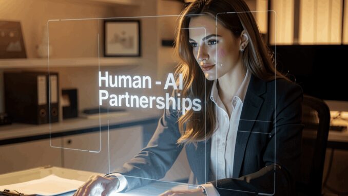 Businesswoman interacting with holographic AI interface Businesswoman interacting with holographic AI interface