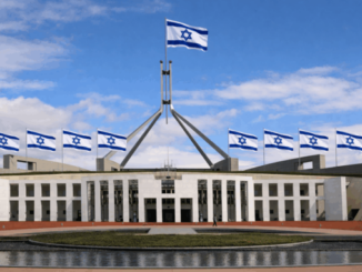 Parliament building with multiple Israeli flags