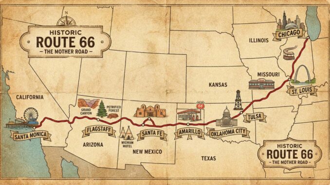 Vintage Route 66 map, Chicago to Santa Monica