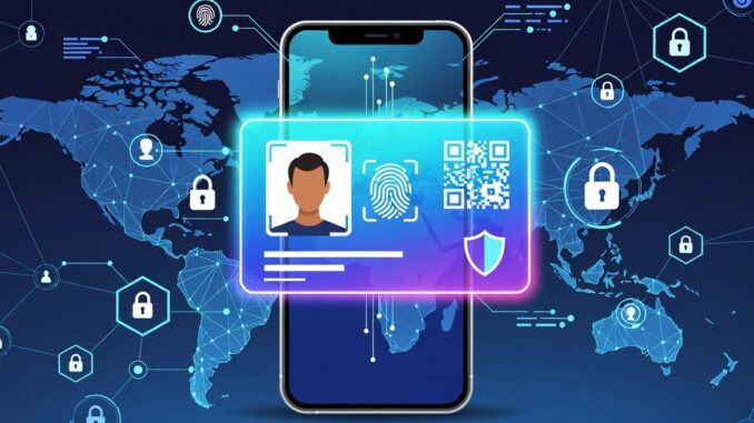 Smartphone displaying biometric digital ID card Smartphone displaying biometric digital ID card