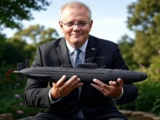 Man in suit holding submarine model