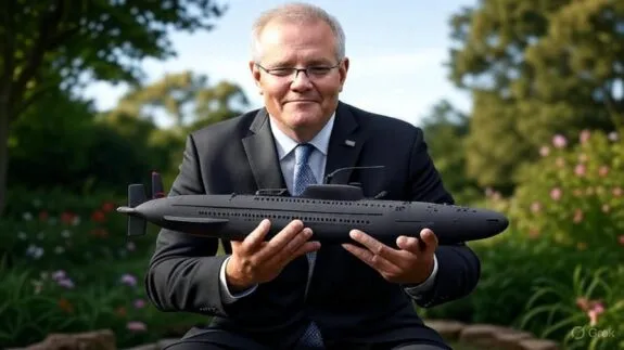 Man in suit holding submarine model
