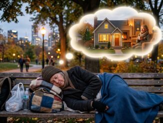Person sleeping on bench dreaming of house