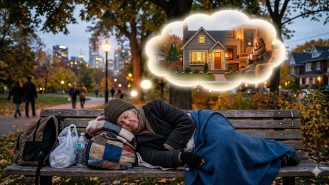 Person sleeping on bench dreaming of house Person sleeping on bench dreaming of house