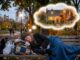 Person sleeping on bench dreaming of house