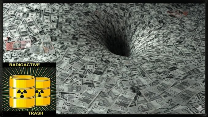 Dollar bills swirling into vortex, radioactive barrels inset Dollar bills swirling into vortex, radioactive barrels inset
