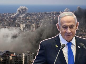Politician at podium, city smoldering in background