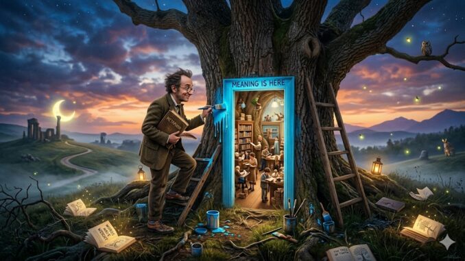 Man opening tree door to magical library Man opening tree door to magical library