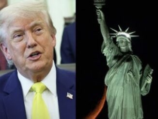Older man portrait beside Statue of Liberty
