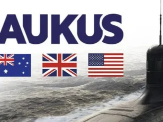 AUKUS logo with flags and submarine