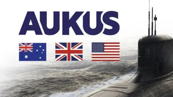 AUKUS logo with flags and submarine AUKUS logo with flags and submarine