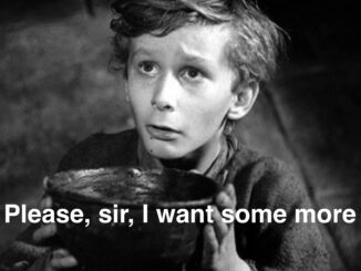 Black-and-white boy holding bowl pleading for food
