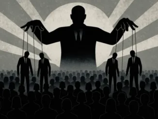 Silhouette puppetmaster controlling suited marionettes over crowd