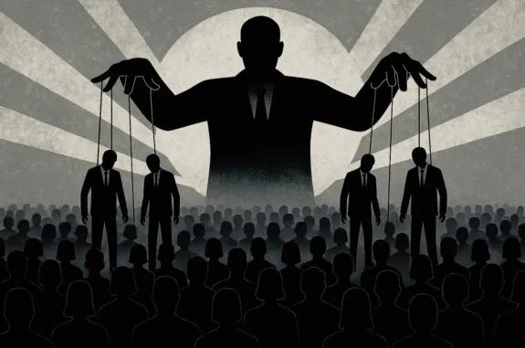 Silhouette puppetmaster controlling suited marionettes over crowd