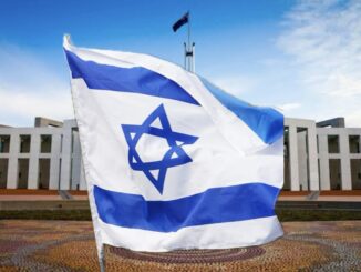 Israeli flag waving outside government building