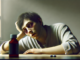 Person leaning on hand beside pill bottle