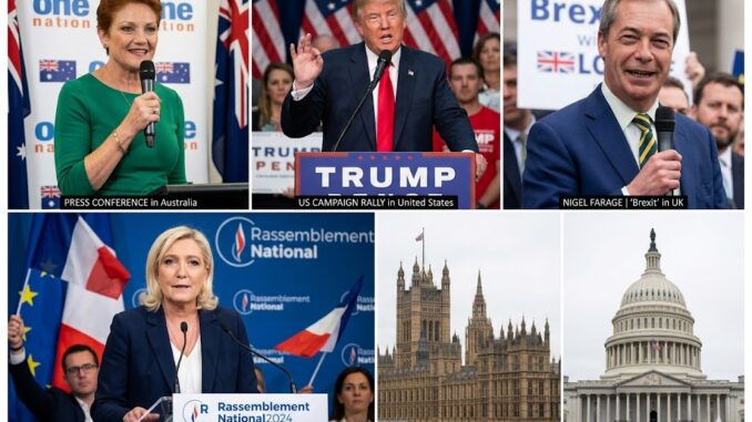 Collage of international political leaders and landmarks