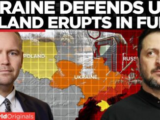 Two men with fiery map of Ukraine