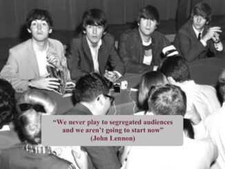 Four musicians at press conference with quote