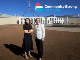Two women outside Australian Parliament House, logo