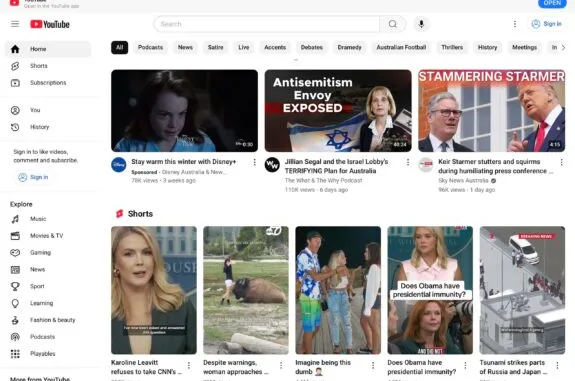 YouTube homepage with video thumbnails and sidebar YouTube homepage with video thumbnails and sidebar