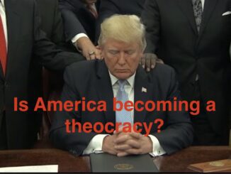 Seated man bowing head; overlay asks about theocracy