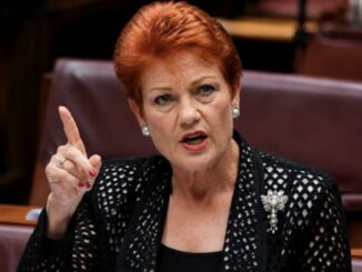 Red-haired woman pointing while speaking in chamber