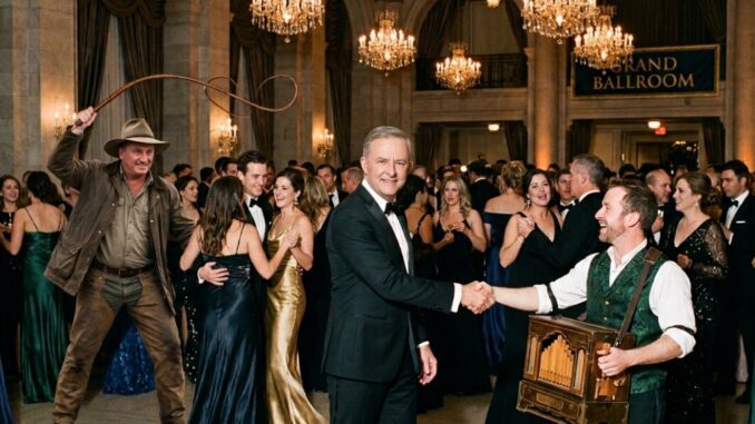 Formal ballroom handshake amid dancing crowd