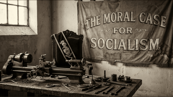 Vintage workshop with "Moral Case for Socialism" banner Vintage workshop with "Moral Case for Socialism" banner