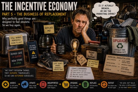 Weary man surrounded by obsolete consumer products Weary man surrounded by obsolete consumer products