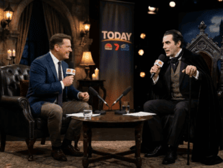 Talk show host interviewing vampire character