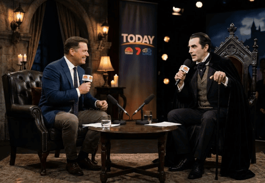 Talk show host interviewing vampire character Talk show host interviewing vampire character