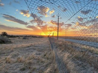 Sunset over rural field with wire fence