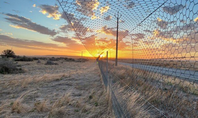 Sunset over rural field with wire fence Sunset over rural field with wire fence