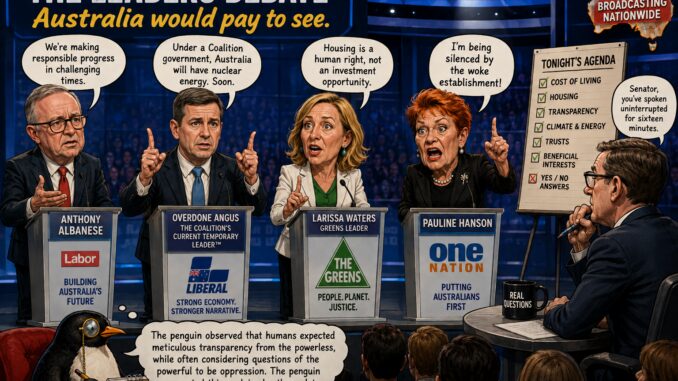 Caricature of politicians at televised leaders' debate Caricature of politicians at televised leaders' debate