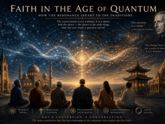 Cosmic light connecting diverse religious buildings and figures