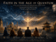 Cosmic light connecting diverse religious buildings and figures