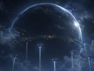 Alien mothership over planet with descending UFOs