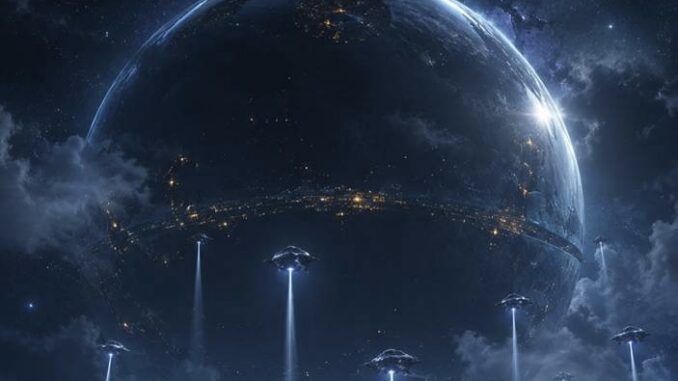 Alien mothership over planet with descending UFOs Alien mothership over planet with descending UFOs