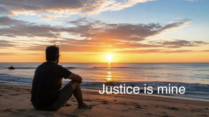 Person on beach sunset with 'Justice is mine' Person on beach sunset with 'Justice is mine'