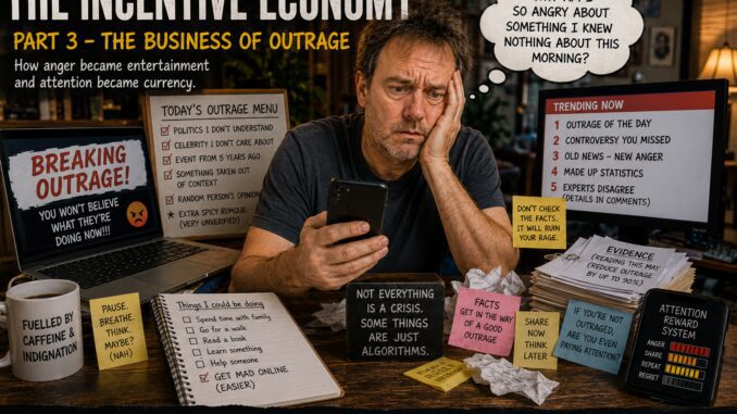 Frustrated man amid screens about the outrage economy Frustrated man amid screens about the outrage economy