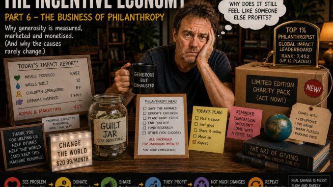 Skeptical man at desk about philanthropy Skeptical man at desk about philanthropy