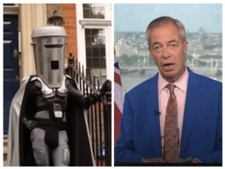 Split-screen: trash-can helmeted costumed figure and presenter