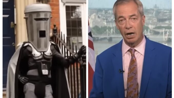 Split-screen: trash-can helmeted costumed figure and presenter