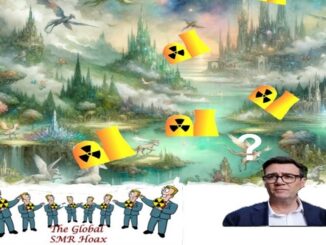 Fantasy landscape with nuclear hazard symbols and protesters
