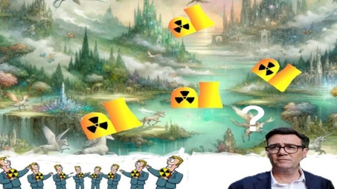 Fantasy landscape with nuclear hazard symbols and protesters Fantasy landscape with nuclear hazard symbols and protesters