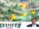 Fantasy landscape with nuclear hazard symbols and protesters