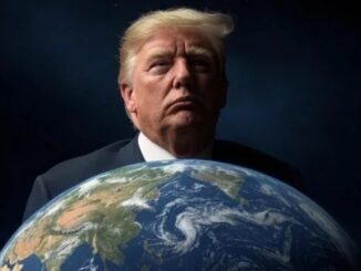 Blond man looming over Earth globe