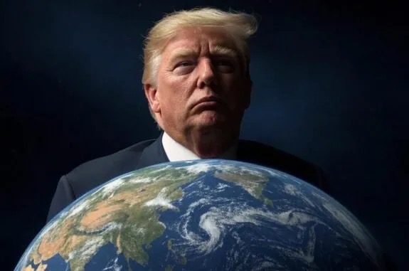 Blond man looming over Earth globe Blond man looming over Earth globe